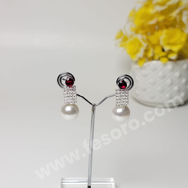 Pearl earrings design with ruby stone design Silver color