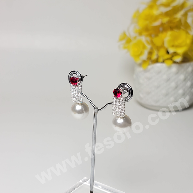 Pearl earrings design with ruby stone design Silver color