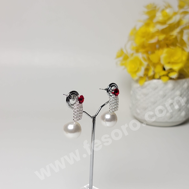 Pearl earrings design with ruby stone design Silver color