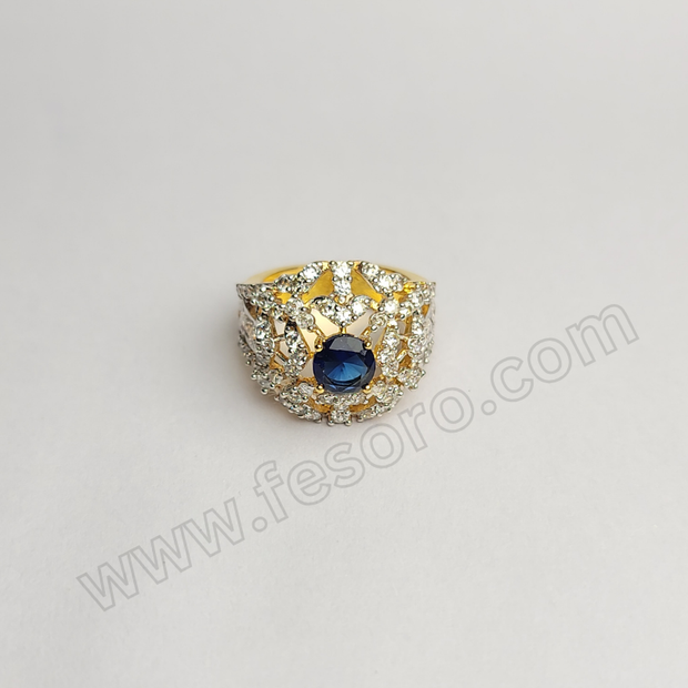 Tri-lined sapphire blue diamond zircon 24 carat gold polish ring