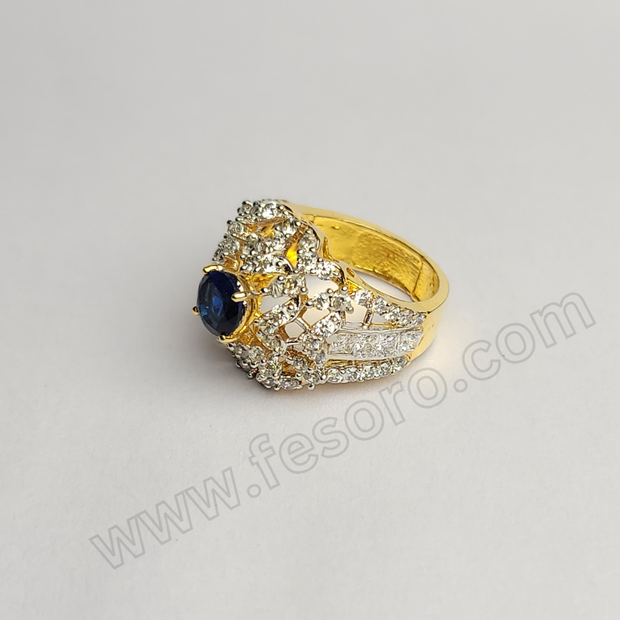 Tri-lined sapphire blue diamond zircon 24 carat gold polish ring