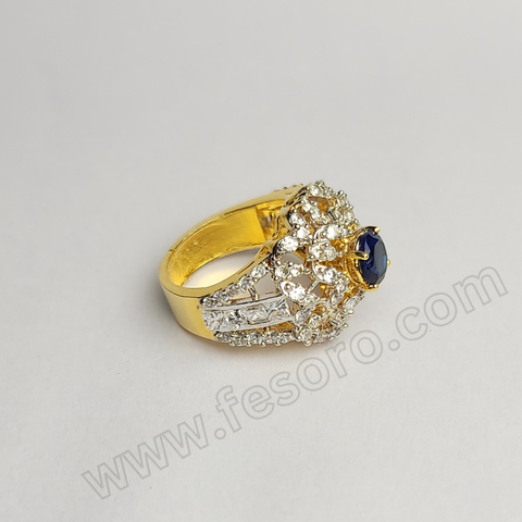 Tri-lined sapphire blue diamond zircon 24 carat gold polish ring