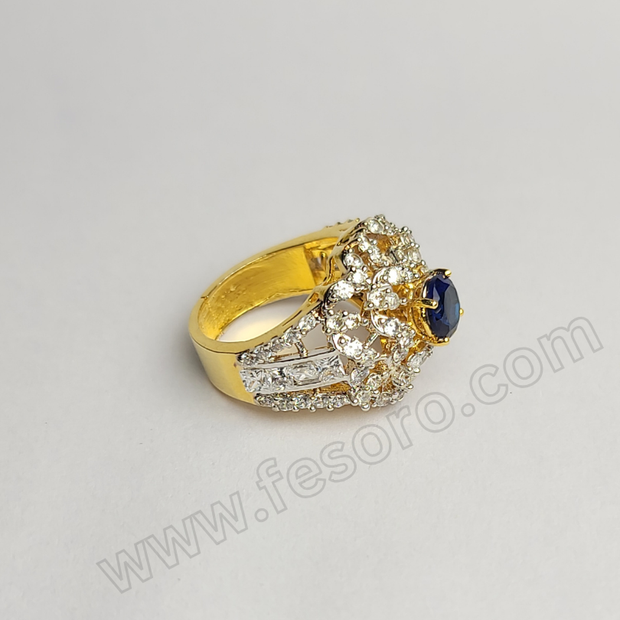 Tri-lined sapphire blue diamond zircon 24 carat gold polish ring