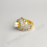 Tri-lined pearl and diamond zircon 24 carat gold polish ring