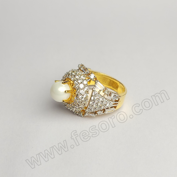 Tri-lined pearl and diamond zircon 24 carat gold polish ring