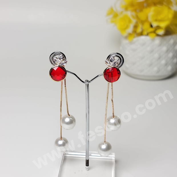 Pearl earrings chain with ruby stone design Golden Color