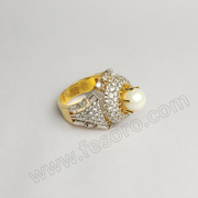 Tri-lined pearl and diamond zircon 24 carat gold polish ring