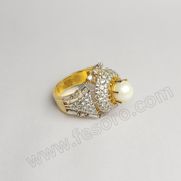 Tri-lined pearl and diamond zircon 24 carat gold polish ring