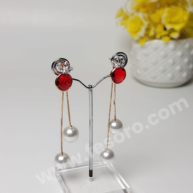 Pearl earrings chain with ruby stone design Golden Color