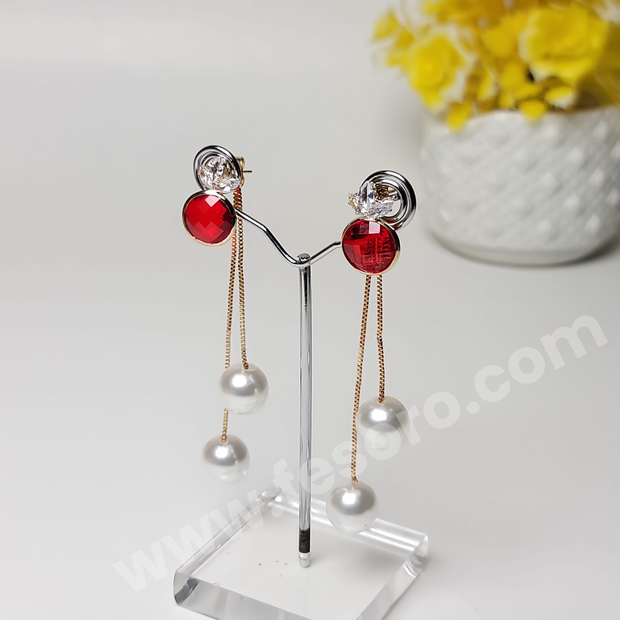 Pearl earrings chain with ruby stone design Golden Color