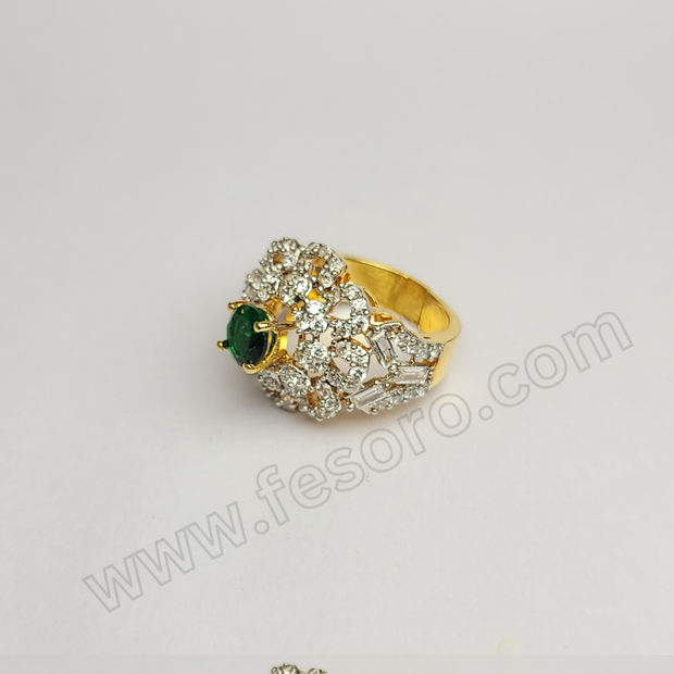 Tri-lined Emerald diamond zircon 24 carat gold polish ring