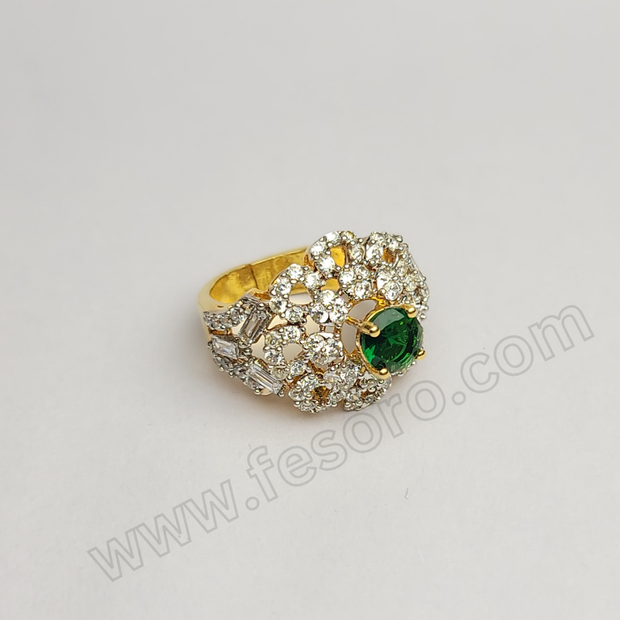 Tri-lined Emerald diamond zircon 24 carat gold polish ring