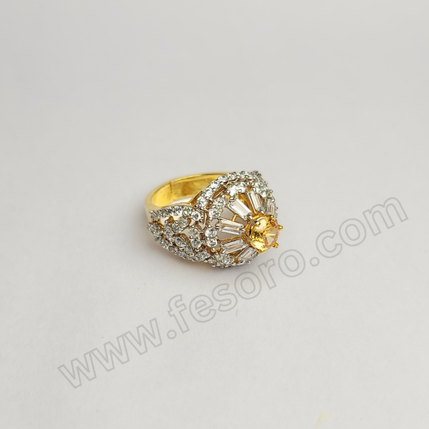 Tri-lined champagne diamond zircon 24 carat gold polish ring